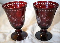 Williams Sonoma 7 Garnet Etched Vintage Wine Water Glasses 5 1/2 Cut Crystal