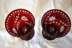 Williams Sonoma 7 Garnet Etched Vintage Wine Water Glasses 5 1/2 Cut Crystal