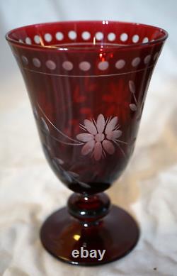 Williams Sonoma 7 Garnet Etched Vintage Wine Water Glasses 5 1/2 Cut Crystal