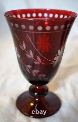 Williams Sonoma 7 Garnet Etched Vintage Wine Water Glasses 5 1/2 Cut Crystal