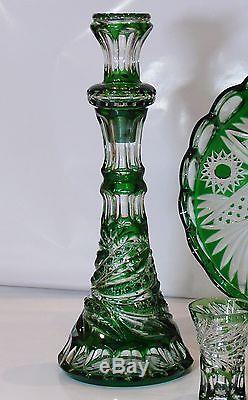 Wine Set ROYAL- DECANTER, 4 SHOT GLASSES & TRAY Green Cased Crystal RUSSIA New