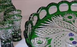 Wine Set ROYAL- DECANTER, 4 SHOT GLASSES & TRAY Green Cased Crystal RUSSIA New